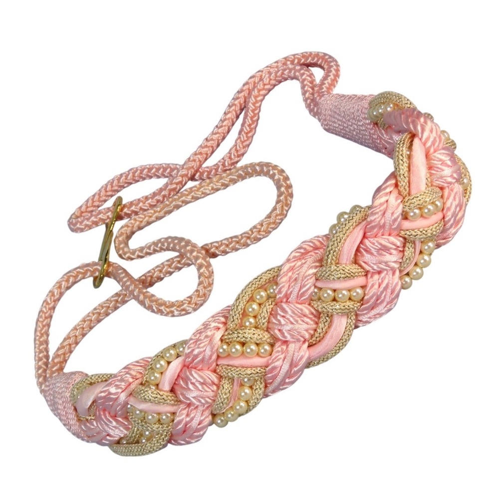 Vintage PINK & GOLD Cummerbund Belt BRAIDED WOVEN Satin Cord & Faux Pearls 38" L